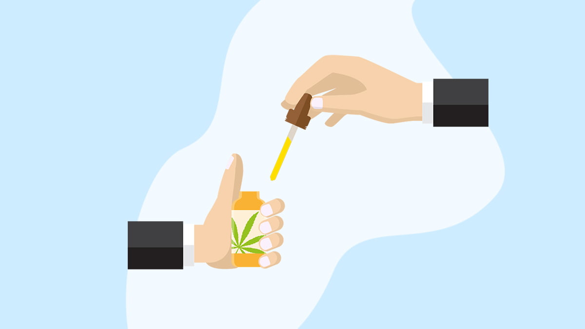 Illustration of a person dosing CBD oil out from a glass dropper