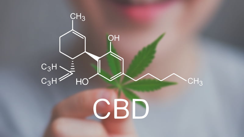 A child holding a hemp leaf with CBD chemistry structure and icon