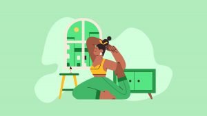 Illustration of a woman practicing yoga after taking CBD oil in her room