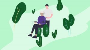 Illustration of a person caring for an elderly woman on a wheelchair suffering from Multiple Sclerosis