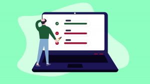 Illustration of a man standing in front of his laptop choosing CBD oils