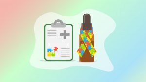 Illustration of a medical note board and CBD oil bottle with autism icon wrapped around