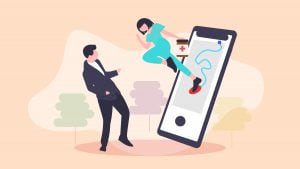 Illustration of a man got delivered CBD softgel package out of his phone