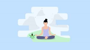 Illustration of a woman with ADHD sitting on a green yoga mat