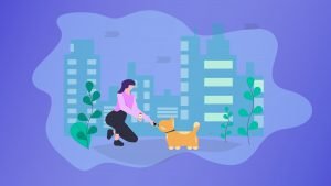 Illustration of a woman giving her dog CBD oil in urban city background