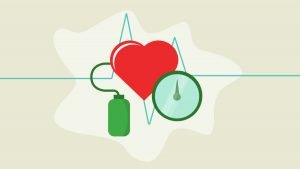 Illustration of a heart and blood pressure measurement medical devices
