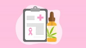 Illustration of a CBD bottle next to a medical pad with lavender ribbon represent cancer