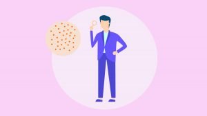Illustration of a man looking through a magnifying glass into small acne icons