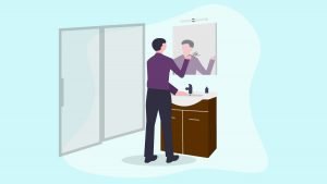 Illustration of a man standing in front of a mirror combing through his hair