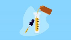 Illustration of CBD oil dropping into glass dropper and lab flask
