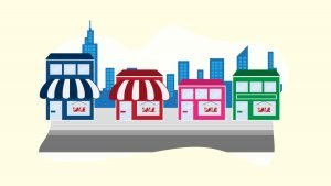 CBD shops next to each other with urban city background