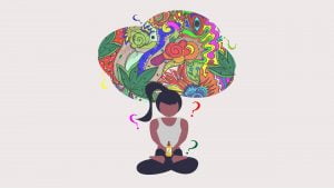 Illustration of a woman sitting under brain icon with multiple question marks