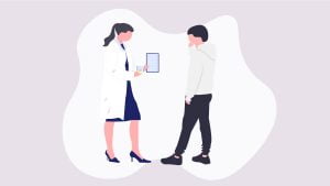 Illustration of a doctor speaking to her patient about CBD oil in urine