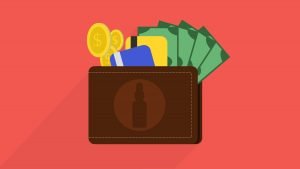 Illustration of a wallet with CBD oil icon on top and currencies inside