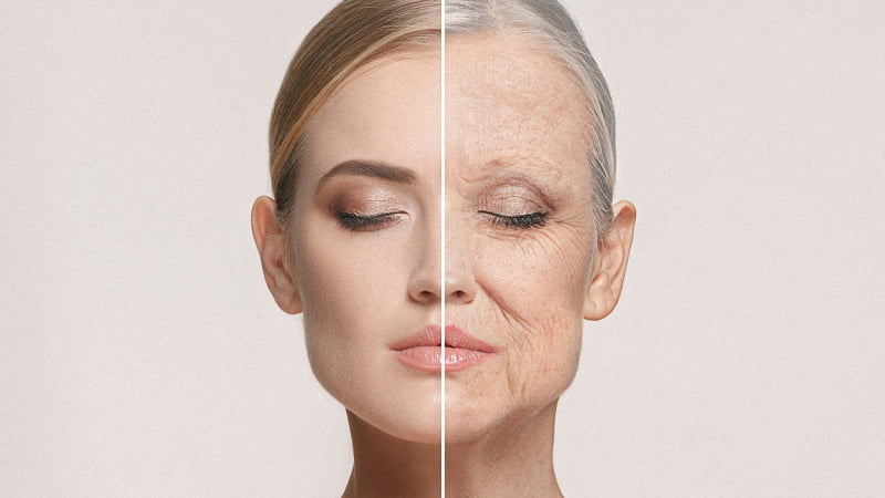 Comparison of a woman face from into aging