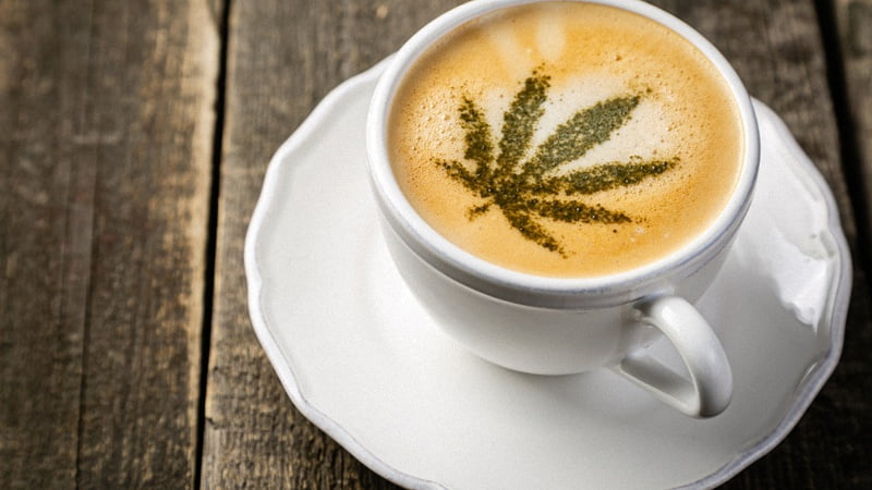 Cup of coffee on saucer with hemp leaf garnish on top