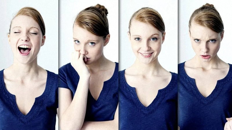 A woman showing four different emotions